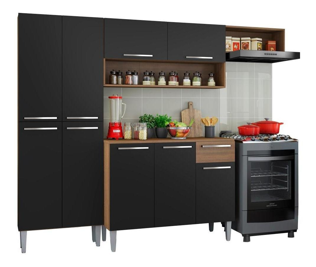 Armário de Cozinha Compacta Completa Madesa Emilly Top Com Armário E Balcão Cor Rustic/Preto