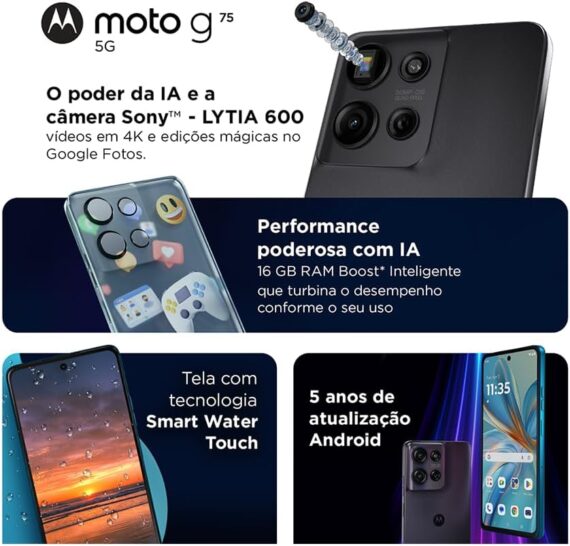 Smartphone Motorola Moto g75 5G - 256GB 16GB (8GB RAM+8GB Ram Boost) e 50MP Sony Lytia 600 Camera Moto AI Ultrarresistencia militar - Cinza - Image 3