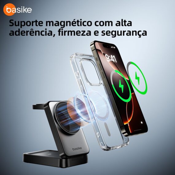 Basike Carregador Sem Fio 3 em 1 Magnético 2025, Estação de Carregamento Portátil com Luz Noturna, Dobrável e Compatível com MagSafe, iPhone 16/15/14/13/12, Apple Watch e AirPod (Branco) - Image 3