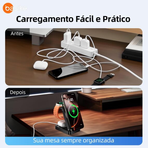 Basike Carregador Sem Fio 3 em 1 Magnético 2025, Estação de Carregamento Portátil com Luz Noturna, Dobrável e Compatível com MagSafe, iPhone 16/15/14/13/12, Apple Watch e AirPod (Branco) - Image 4