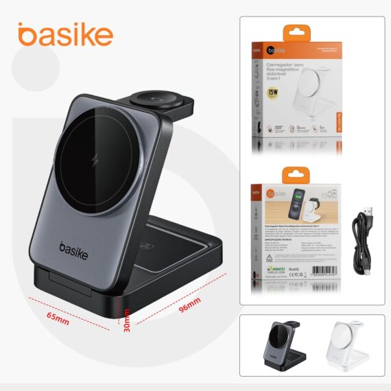 Basike Carregador Sem Fio 3 em 1 Magnético 2025, Estação de Carregamento Portátil com Luz Noturna, Dobrável e Compatível com MagSafe, iPhone 16/15/14/13/12, Apple Watch e AirPod (Branco) - Image 9