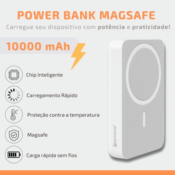 Power Bank 10.000 mAh, Carregador Portátil Turbo por Indução Carregamento Rápido Compatível com Iphone, Bateria Externa Compacta Magnética Premium Peining - Image 3