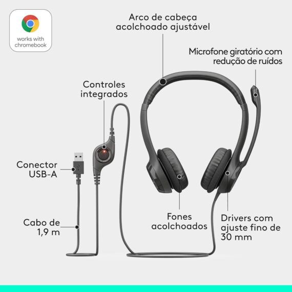 Headset com fio USB Logitech H390 com Almofadas Confortáveis, Controles de Áudio Integrado e Microfone com Redução de Ruído - Preto - Image 8