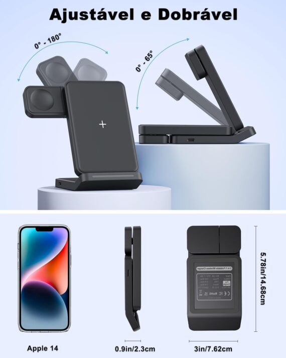 Carregador por Indução, Carregador Sem Fio 15W 3 em 1, Compatível com iPhone 16/15/14/13/12/11 (Pro, Pro Max)/XS/XR, Apple Watch e AirPods, Versão Atualizada com Função Dobrável (Preto) - Image 3