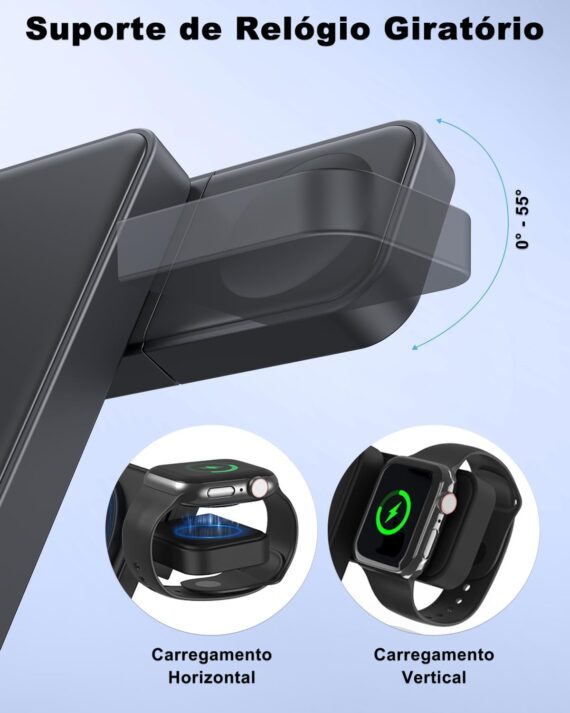 Carregador por Indução, Carregador Sem Fio 15W 3 em 1, Compatível com iPhone 16/15/14/13/12/11 (Pro, Pro Max)/XS/XR, Apple Watch e AirPods, Versão Atualizada com Função Dobrável (Preto) - Image 4