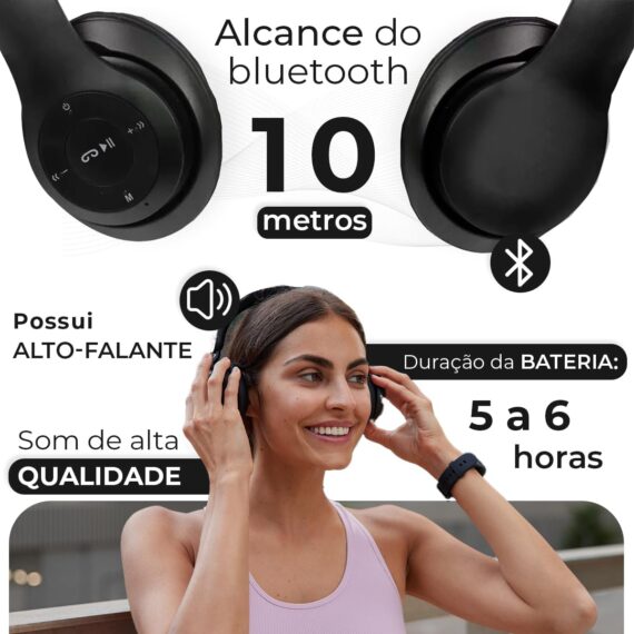 Fone de Ouvido Headphone P47 Sem Fio Bluetooth Wireless Micro Sd 5.0 Dobrável Com Microfone Regulável Para Corrida Academia Escritório Caminhada Linha Premium (Preto) - Image 7