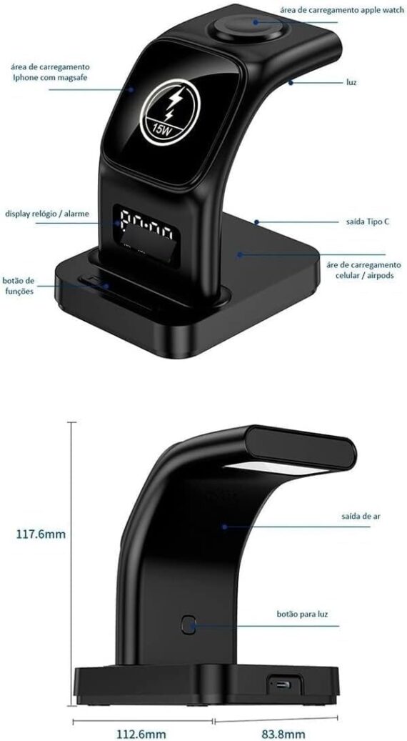 Carregador sem Fio 3 em 1! Compatível com Apple iPhone/iWatch/Pods, iPhone 15 14,13,12,11 (Pro, Pro Max)/XS/XR/XS/X/8 (Plus), iWatch 7/6/SE/5/4/3/2, Pods 3/2/pro5 (Preto) - Image 3