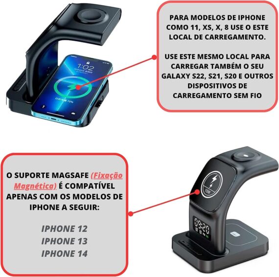 Carregador sem Fio 3 em 1! Compatível com Apple iPhone/iWatch/Pods, iPhone 15 14,13,12,11 (Pro, Pro Max)/XS/XR/XS/X/8 (Plus), iWatch 7/6/SE/5/4/3/2, Pods 3/2/pro5 (Preto) - Image 4