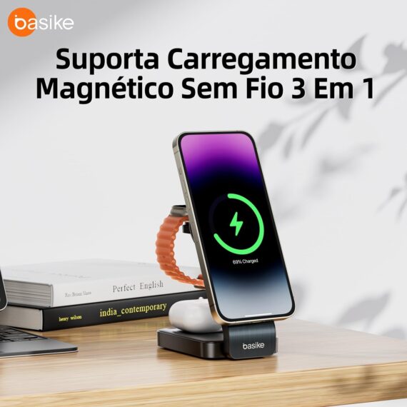 Carregador Sem Fio 3 em 1 15W Dobrável Rápido, Estação Indução Wireless, Compatível com iPhone, iWatch e AirPods, WXC149-preto - Image 3