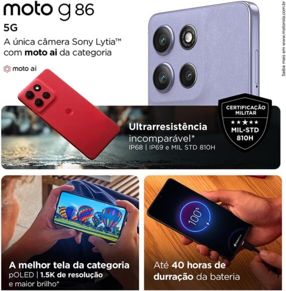 Smartphone Motorola Moto g86 5G - 512GB 24GB (8GB RAM+16GB Ram Boost) Tela 1.5K pOLED, 50MP Sony camera OIS Moto AI, videos em 4K, IP68 + IP69 - Verde Escuro - Image 3