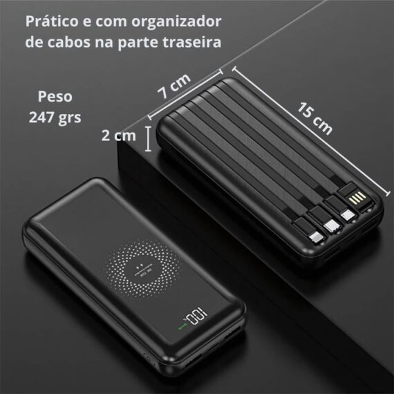 Power Bank 10000mAh com Carregamento por Indução, 4 Cabos Embutidos, USB-C, USB, V8, Lightning, Micro USB, iPhone, Android, Visor LED, Portátil, 6 Dispositivos, Carregador Portátil, - Image 3
