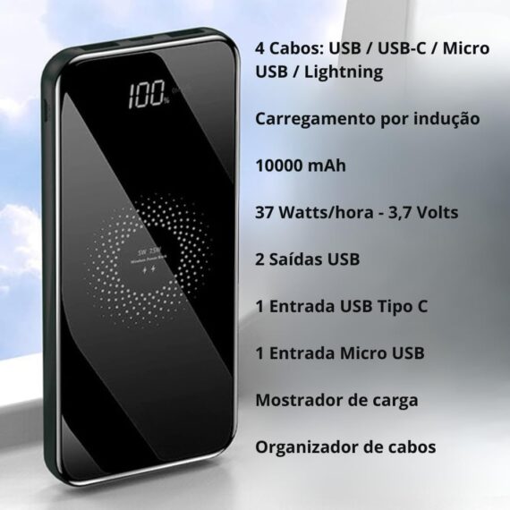 Power Bank 10000mAh com Carregamento por Indução, 4 Cabos Embutidos, USB-C, USB, V8, Lightning, Micro USB, iPhone, Android, Visor LED, Portátil, 6 Dispositivos, Carregador Portátil, - Image 4