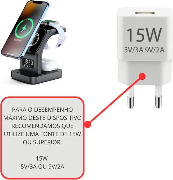 Carregador Sem Fio 5 Em 1 Para iPhone, Para Apple Watch e Para AirPods Esta��o de Carregamento R�pido Com Rel�gio, Despertador e Luz Noturna (Preto) - Image 4