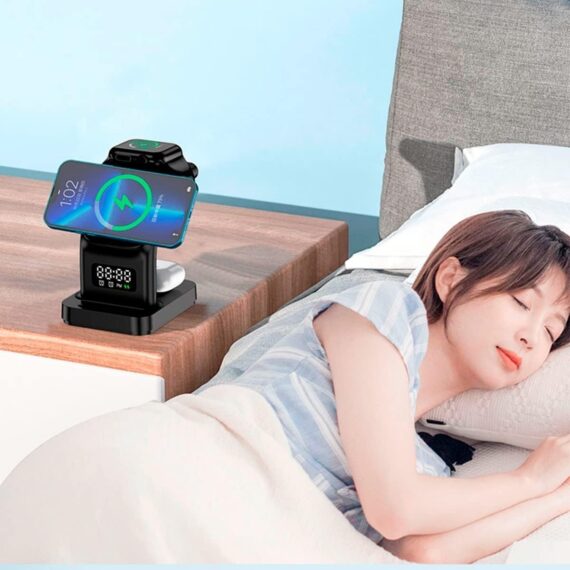 Carregador Sem Fio 5 Em 1 Para iPhone, Para Apple Watch e Para AirPods Esta��o de Carregamento R�pido Com Rel�gio, Despertador e Luz Noturna (Preto) - Image 7