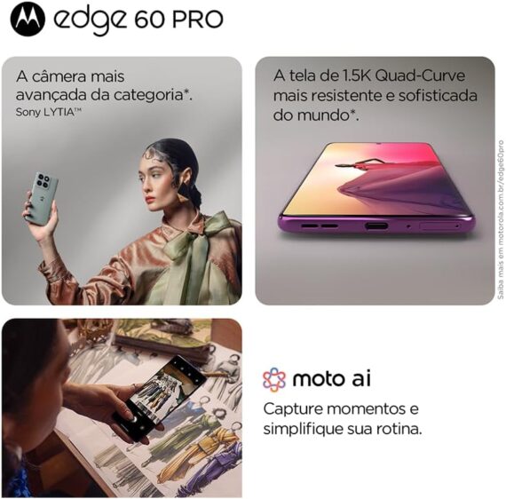 Smartphone Motorola Edge 60 Pro 5G - 256 GB de 24 GB (12 GB de RAM + 12 GB de RAM) TELA Quad curva moto ai 50mp câmera Sony UltrarreSistencia Militar IP68 + IP69 - Violeta - Image 3