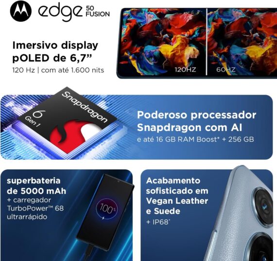 Smartphone Motorola Edge 50 Fusion 5G - 256 GB 8GB RAM + 8GB RAM BOOST 50MP Sony AI Câmera IP68 NFC Blue Teal - Image 3