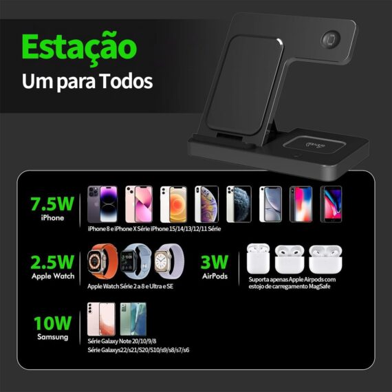 Estação de Carregamento Dobrável 3 em 1 Rápido, Compatível com iPhone 16/15/14/13/12/11, Apple Watch Series 8/7/6/SE, AirPods Pro/3/2, Carregador Sem Fio Portátil para Casa e Viagem, Preto - Image 3
