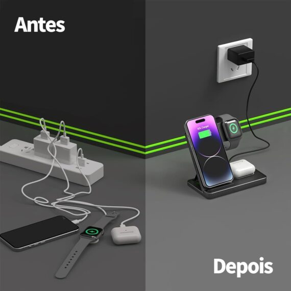 Estação de Carregamento Dobrável 3 em 1 Rápido, Compatível com iPhone 16/15/14/13/12/11, Apple Watch Series 8/7/6/SE, AirPods Pro/3/2, Carregador Sem Fio Portátil para Casa e Viagem, Preto - Image 6