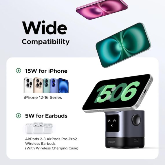 UGREEN Suporte carregador sem fio de 15 W certificado Uno Qi2, estação de carregamento dobrável 2 em 1 compatível com iPhone 16/15/14/13/12, AirPods 2/3/4/Pro (sem adaptador AC) - Image 6