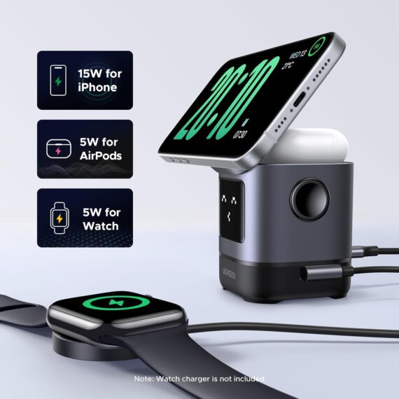 UGREEN Suporte carregador sem fio de 15 W certificado Uno Qi2, estação de carregamento dobrável 2 em 1 compatível com iPhone 16/15/14/13/12, AirPods 2/3/4/Pro (sem adaptador AC) - Image 7