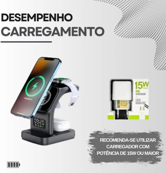 Base de Carregamento Sem Fio 5 em 1 Compativel Com iPhone e Android, Fones Bluetooth e Apple Watch Despertador Luminária. (Branco) - Image 7