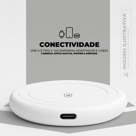 Gshield Carregador Sem Fio Wireless Discovery 3 em 1 Tipo C + Adaptador USB A, 15W Carregamento Rápido, Compatível com iPhone, Apple Watch e Airpods, Branco - Image 4