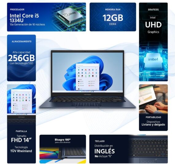ASUS Laptop fino Vivobook 14 X1404ZA com tela FHD de 14 polegadas, processador Core i5-1334U, 12 GB de RAM, SSD de 256 GB, gráficos Intel Iris Xe, Windows 11 Home, azul - Image 2