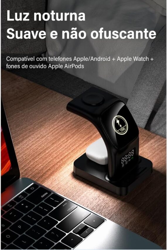 Base de Carregamento Carregador Mag-Safe 5 em 1, Carregador Indução sem Fio com Luz Noturna, Compatível com iPhone, Apple Watch e AirPods, Preto - Image 2