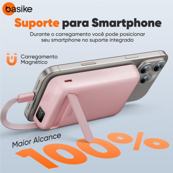 Basike Carregador Portátil Indução, Power Bank 10000mAh com Suporte Integrado, Ultrafino e Portátil, Carregamento Rápido Sem Fio 15W(MAX) + Cabo Tipo C 22.5W(MAX) Compatível com MagSafe (Rosa) - Image 2