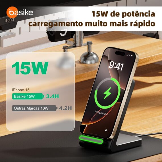 Basike Carregador Sem Fio, 15W Estação de Carregamento Rápido, Compatível iPhone16,15,14,13,12,11 (Pro, Pro Max)/XS/XR/XS/X/8(Plus) (Preto) - Image 2
