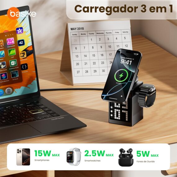 Basike Carregador Sem Fio Magnético 3 em 1, Rápido 15W, Compatível com MagSafe, com Alto-falante Bluetooth/Despertador para iPhone 16/15/14/13, Apple Watch 1-8/Ultra, AirPods (Sem Adaptador CA) - Image 2