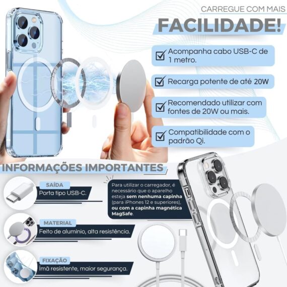 Carregador Por Indução 20W Turbo, Cabo De Indução Magnético Sem Fio Tipo C 20W, Compatível com MagSafe Carregamento Rápido 1M, Branco, Power Delivery, Cabo Tipo C - Image 2