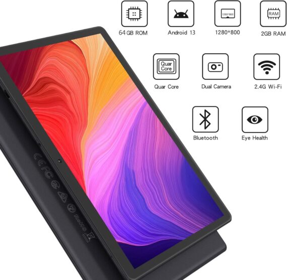 Comprimido PRITOM 10 '' Android 13 Tablet de telefone com slot SIM, 64 GB Quad Core, IPS Touchscreen, Câmera traseira de 8MP WiFi GPS Bluetooth USB C, Support 3G CHAMADA, BLACK - Image 2