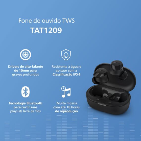 Fone de ouvido sem fio TWS Philips TAT1209BK/00 na cor preto, com bluetooth, microfone, tecnologia IPX4 e 18 horas de reprodução. - Image 2