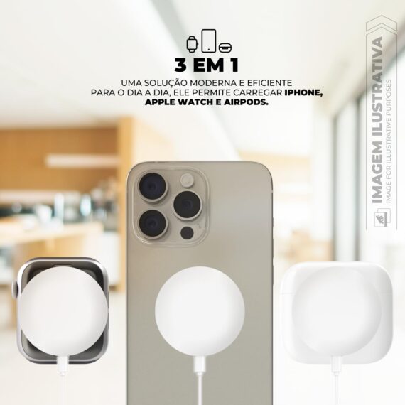 Gshield Carregador Sem Fio Wireless Discovery 3 em 1 Tipo C + Adaptador USB A, 15W Carregamento Rápido, Compatível com iPhone, Apple Watch e Airpods, Branco - Image 2