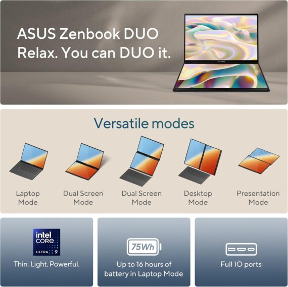 Laptop da dupla do ASUS ZenBook, Display Touch de 35,6 cm de 35,6 cm de 120Hz, EVO, Intel Core Ultra 9 285h, Intel Arc Graphics, 32 GB de RAM, 1 TB SSD, Windows 11, UX8406CA-PS99T - Image 2