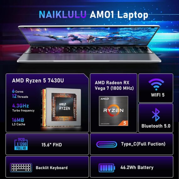 NAIKLULU Laptop para jogos, laptop de 15,6 polegadas, RAM de 32 GB SSD de 1 TB, AMD Ryzen 5 7430U (até 4,3 GHz, Beat 5700U), gráficos AMD Radeon, tela FHD 1920 x 1080 de 15,6 polegadas, WiFi 5, BT5.0 - Image 2
