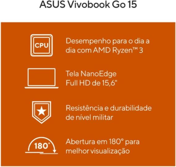 Notebook Asus Vivobook Go 15, AMD Ryzen 3 7320U, 4 GB, 128 GB SSD, Keeps, Tela 15,6 "FHD, Black Misto - E1504FA -NJ1291 - Image 2
