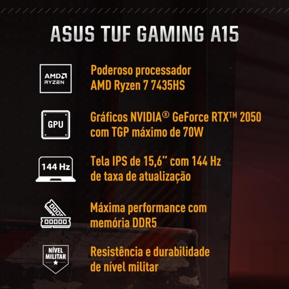 Notebook Asus tuf Gaming A15, GeForce RTX 2050, AMD Ryzen 7, 16 GB, 512 GB SSD, W11 Home, Tela 15.6 '' FHD, Graphite Black - FA506NFR -HN060W - Image 2