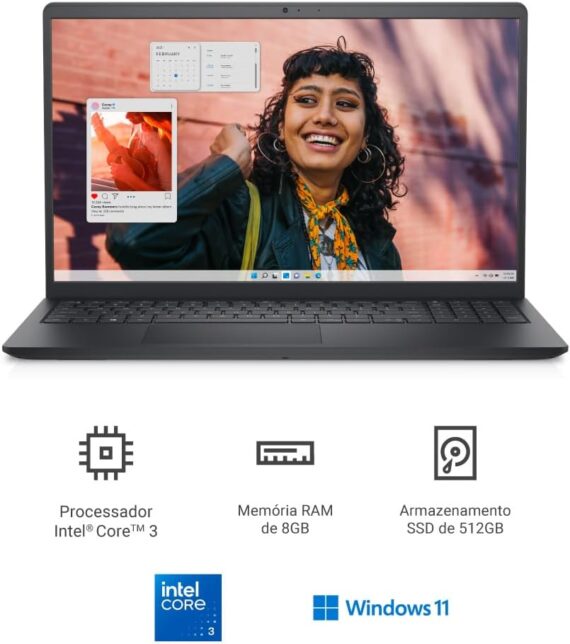 Notebook Dell Inspiron I15-I3100-A15P 15.6 "Full HD Intel Core 3-100U 8GB 512GB SSD Win Win Home Preto Carbono - Image 2