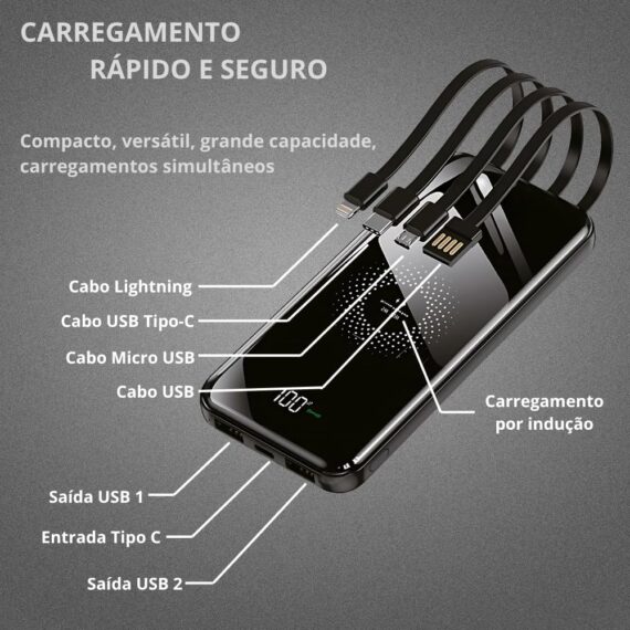 Power Bank 10000mAh com Carregamento por Indução, 4 Cabos Embutidos, USB-C, USB, V8, Lightning, Micro USB, iPhone, Android, Visor LED, Portátil, 6 Dispositivos, Carregador Portátil, - Image 2